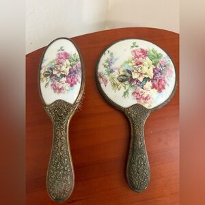 Vintage Antique Victorian Floral Decorated Hand Painted Brush & Mirror